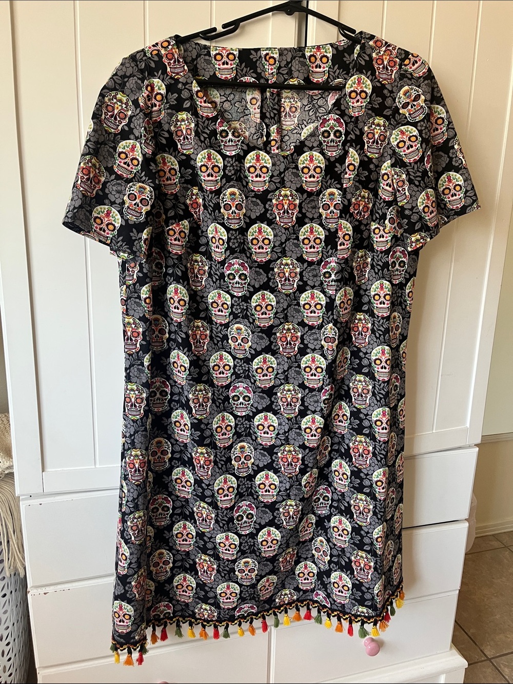 Cotton Sugar Skull Tunic Dress with Tassel Trim, Dia de los Muertos, size Large